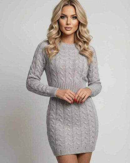 Sterling Mini Dress by Lauven in soft gray cable knit, showcasing a cozy fit and stylish design.