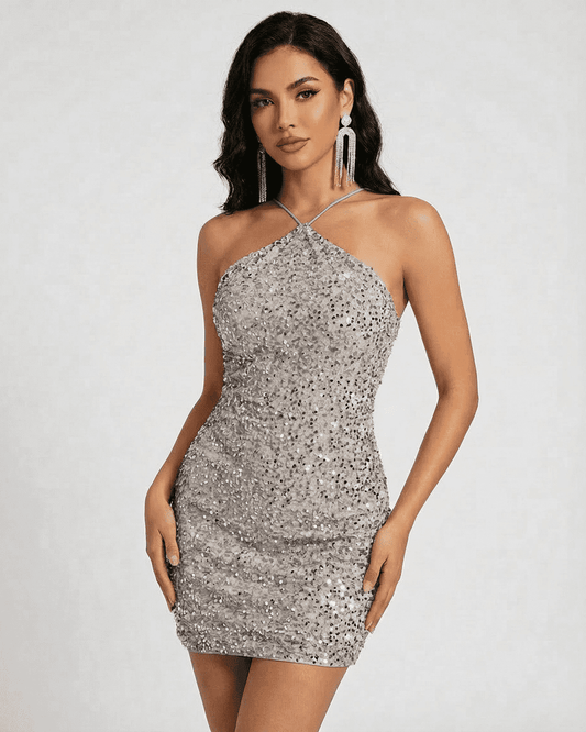 Sterling Mini Dress by Lauven — Elegant sequin bodycon mini dress with a high waist silhouette, perfect for stylish occasions.