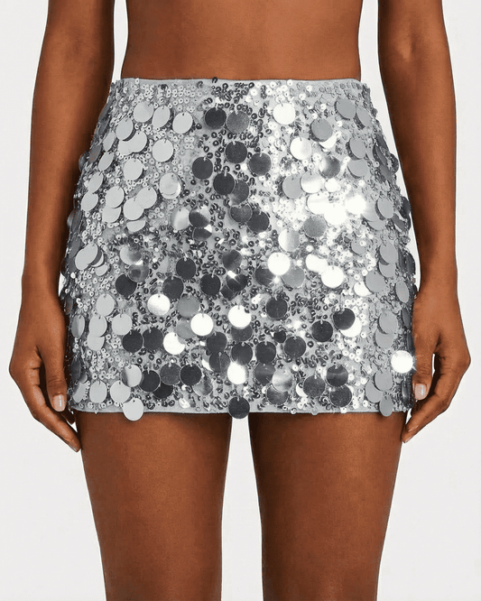 Sterling Mini Skirt by Lauven featuring a silver sequin hem in a glamorous bodycon style.