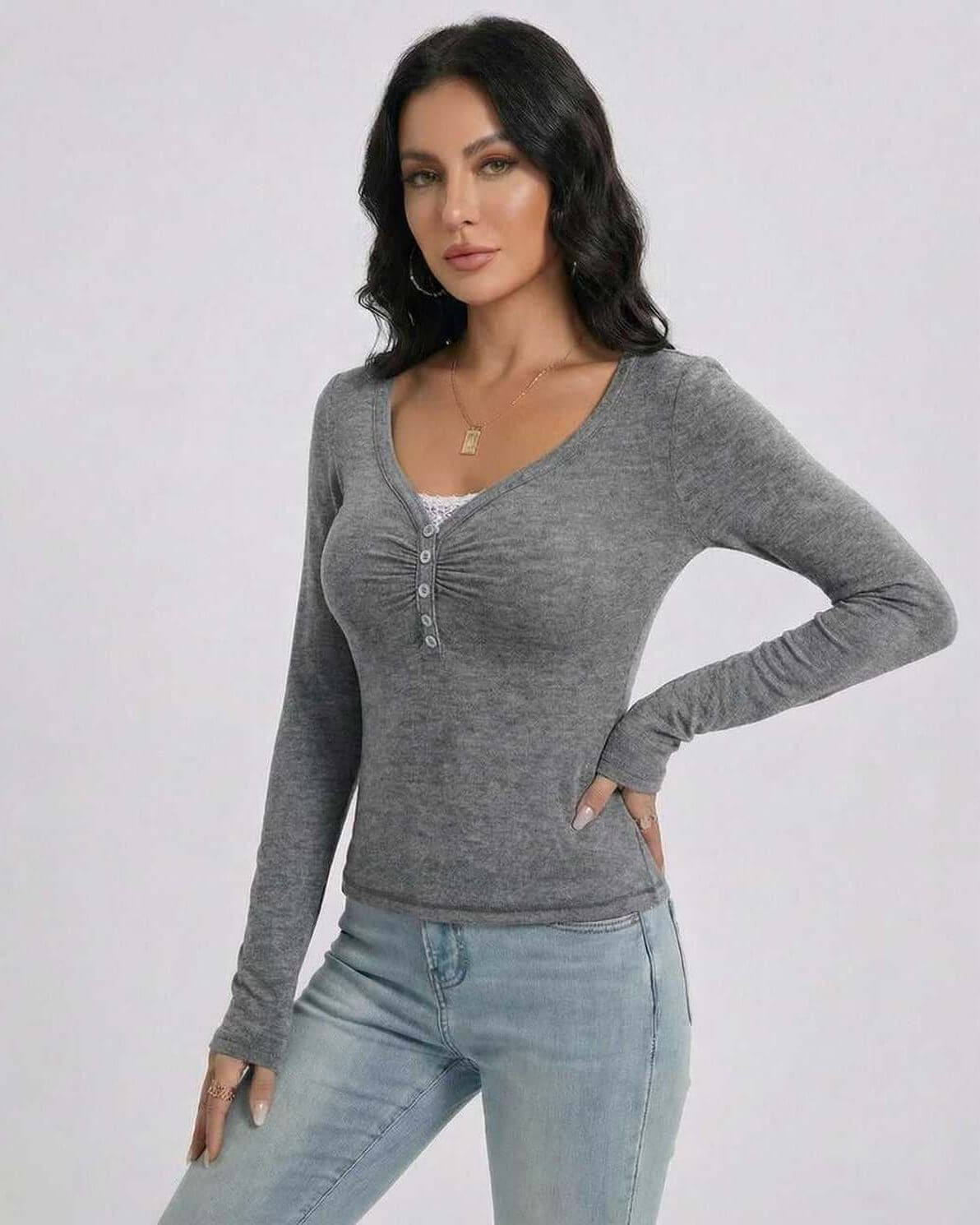 Sterling Pullover by Lauven - Women’s Slim Fit V-Neck Long Sleeve with Button Detail, grey color.