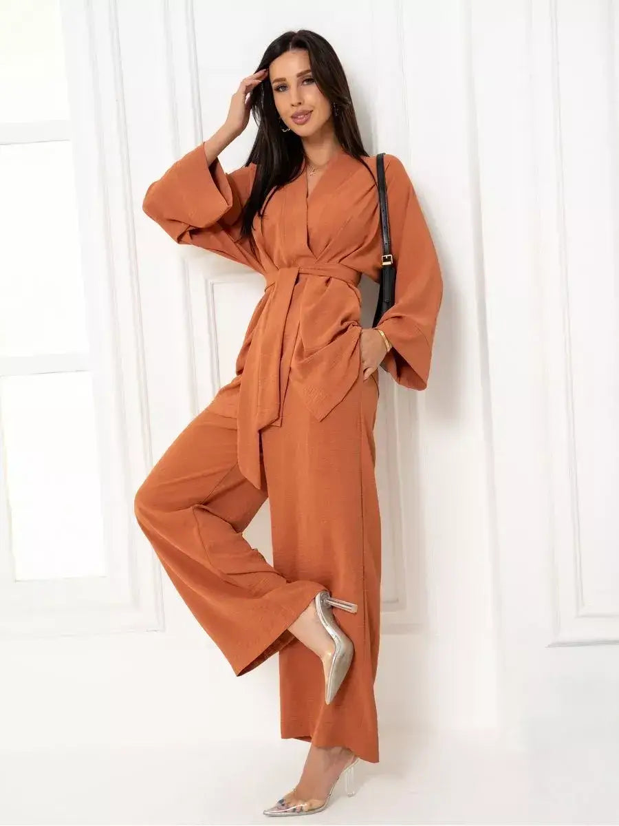 Terracotta Suit Set by Lauven featuring elegant oversized design in warm brown with wide-leg pants and tying belt.