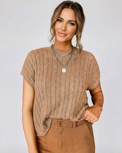 Lauven Toscana Sweater - Cable Knit Short Sleeve with Relaxed Elegance in a warm beige shade.