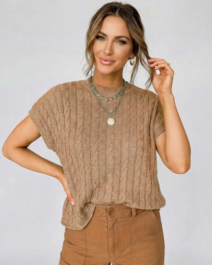 Lauven Toscana Sweater - Elegant brown cable knit short sleeve styled with necklaces for a relaxed look.