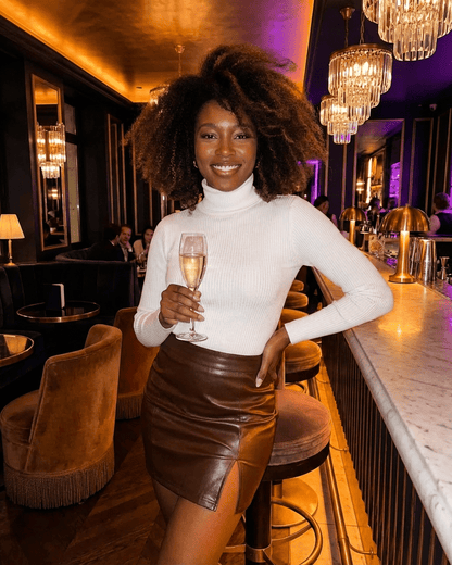 Umbria Mini Skirt by Lauven showcased by a model in a stylish setting, featuring a high-waisted PU A-Line design.