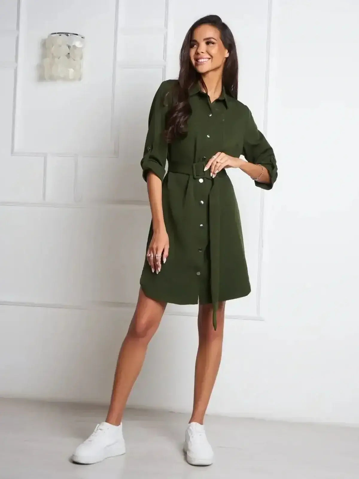 Urban Utility by Lauven - Olive green belted shirt mini dress, perfect for warm weather and city style.