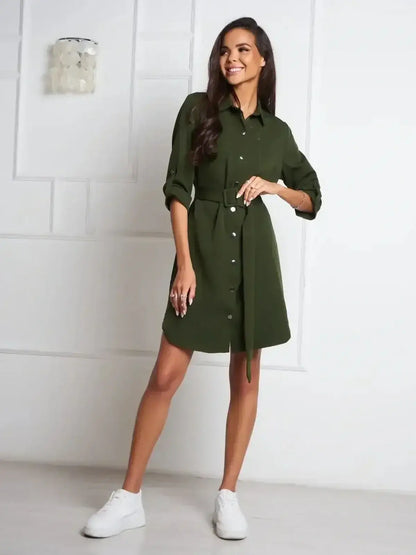 Urban Utility by Lauven - Olive green belted shirt mini dress, perfect for warm weather and city style.