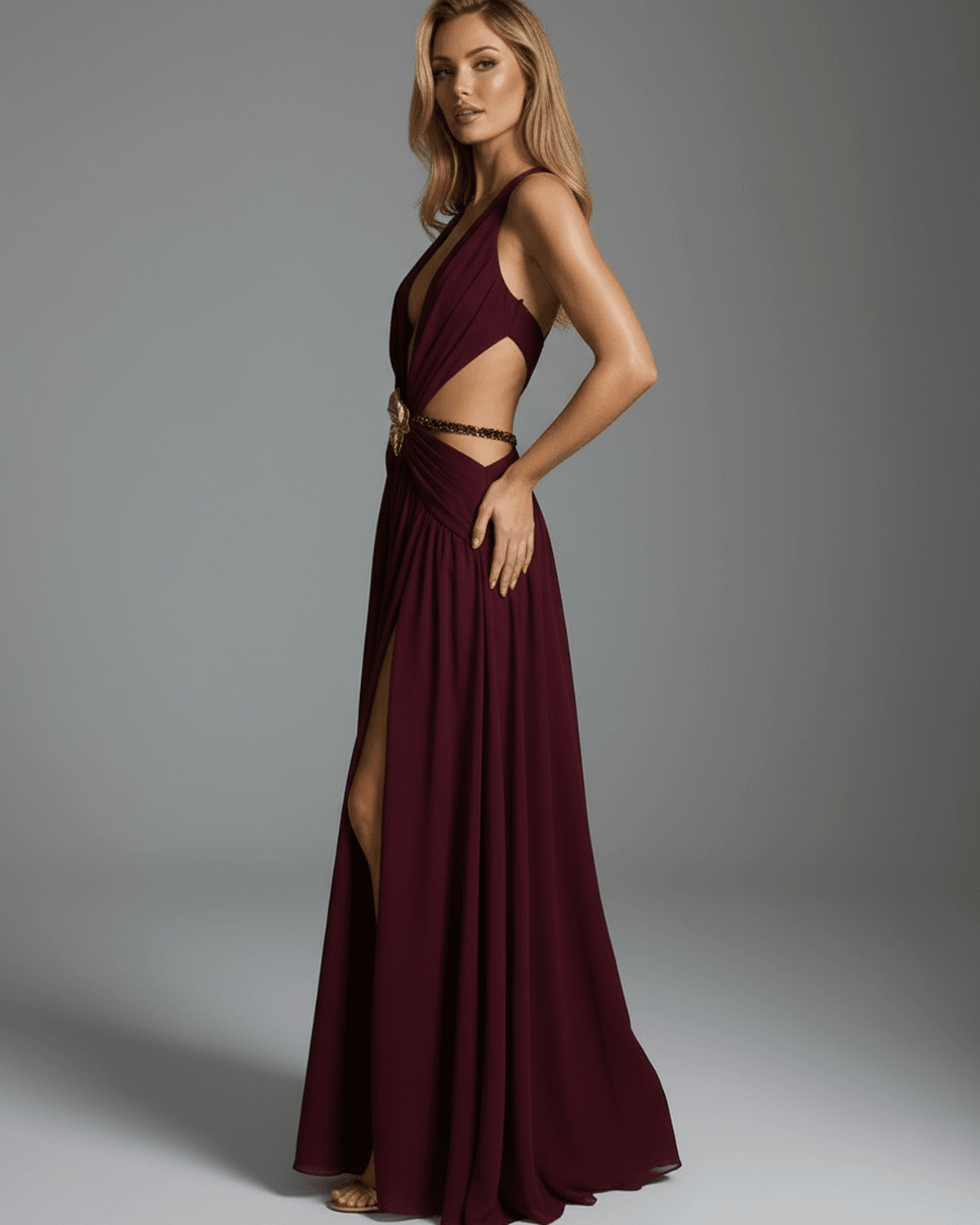Valencia Maxi Dress by Lauven, burgundy V-neck dress with metal embellishment and dramatic silhouette.