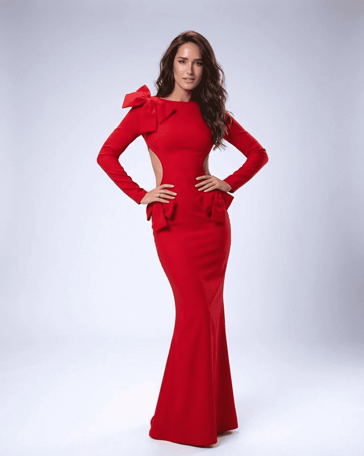 Valencia Maxi Dress by Lauven - Long Sleeve Bodycon Dress with Sculptural Bows in Red