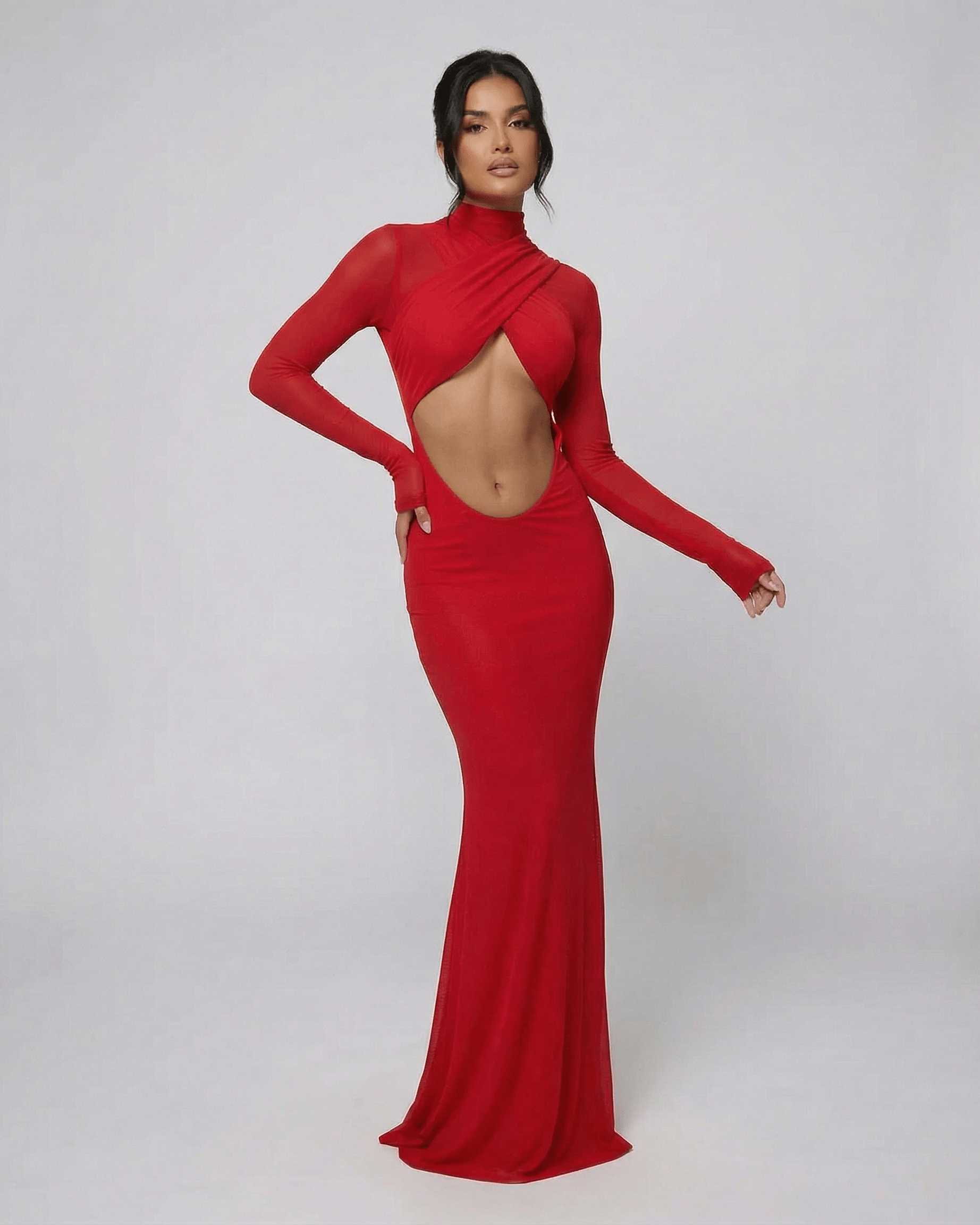 Valencia Maxi Dress by Lauven, a long sleeve cut-out turtleneck dress in red, featuring a sleek trumpet silhouette and modern design.