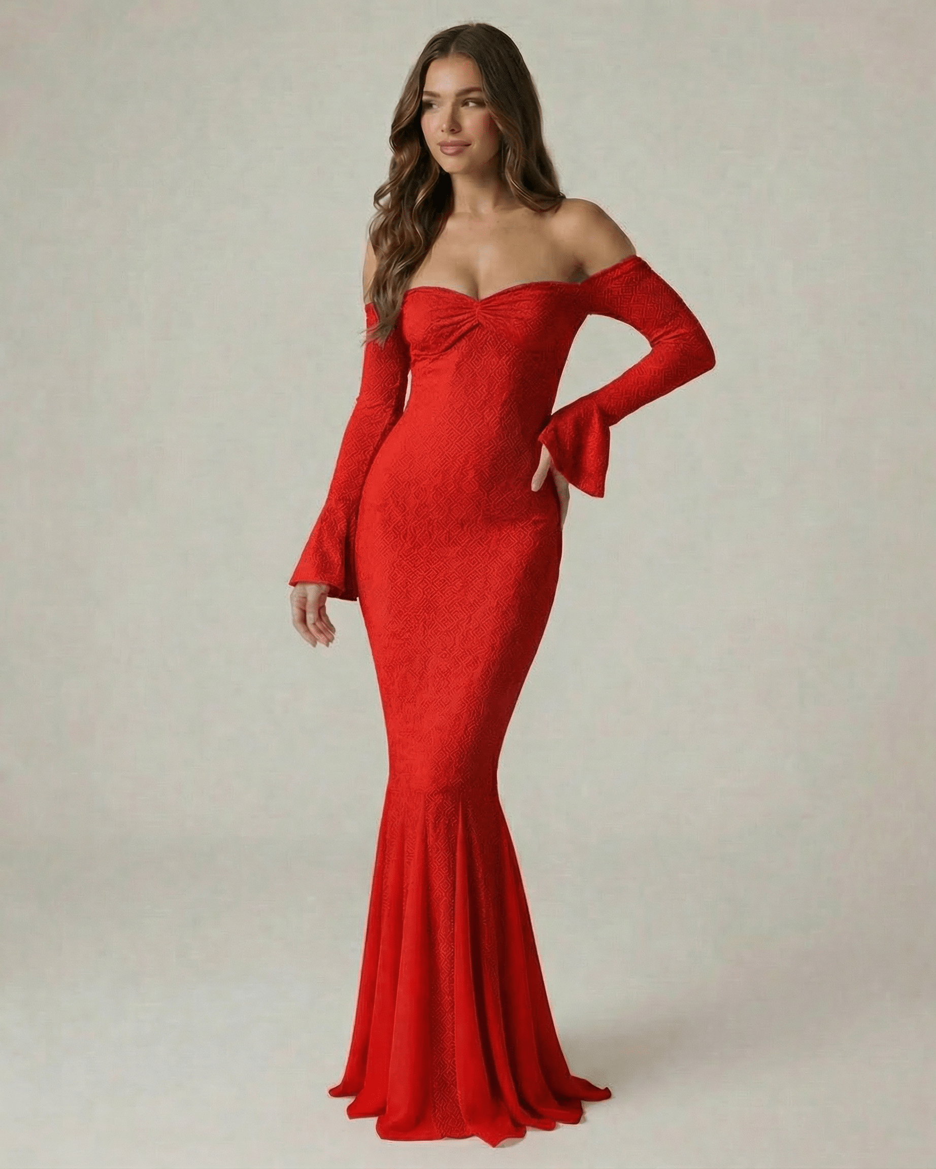 Valencia Maxi Dress by Lauven - Off-the-Shoulder Red Lace Mermaid Dress with Long Sleeves