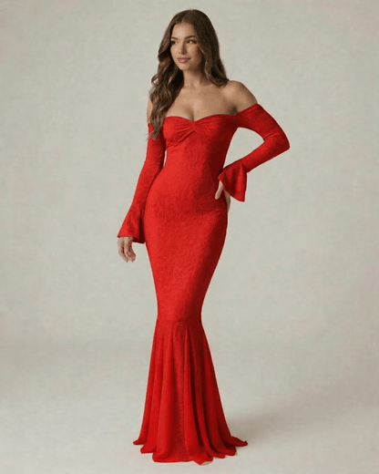 Valencia Maxi Dress by Lauven - Off-the-Shoulder Red Lace Mermaid Dress with Long Sleeves