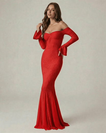 Valencia Maxi Dress by Lauven, off-the-shoulder lace mermaid maxi in rich red with long sleeves.