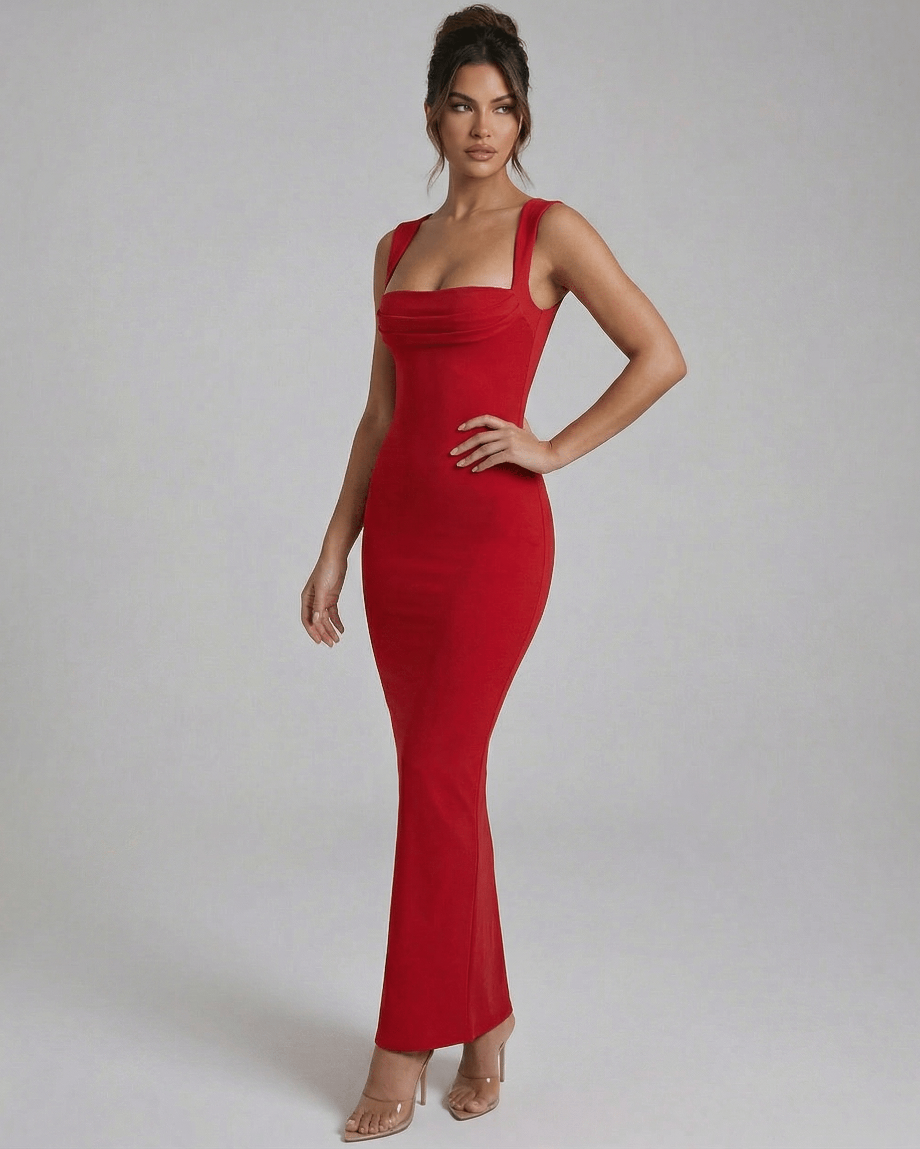 Valencia Maxi Dress – Red sleeveless bodycon dress by Lauven with a sleek ankle-length silhouette.
