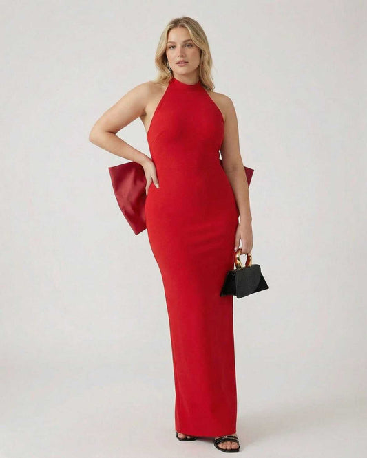Valencia Maxi Dress by Lauven - Red Halter Neck Sheath with Statement Bow Detail, elegant evening wear.