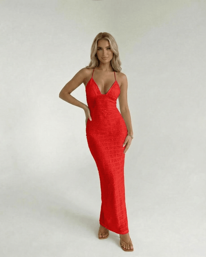 Valencia Maxi Dress by Lauven, bold red lace gown with V-neck and sheath silhouette.