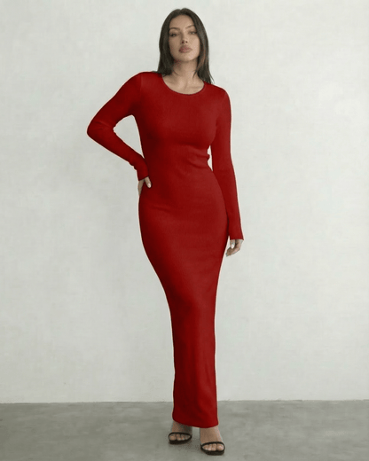 Valencia Maxi Dress by Lauven in bold red ribbed knit with long sleeves and open back tie detail.