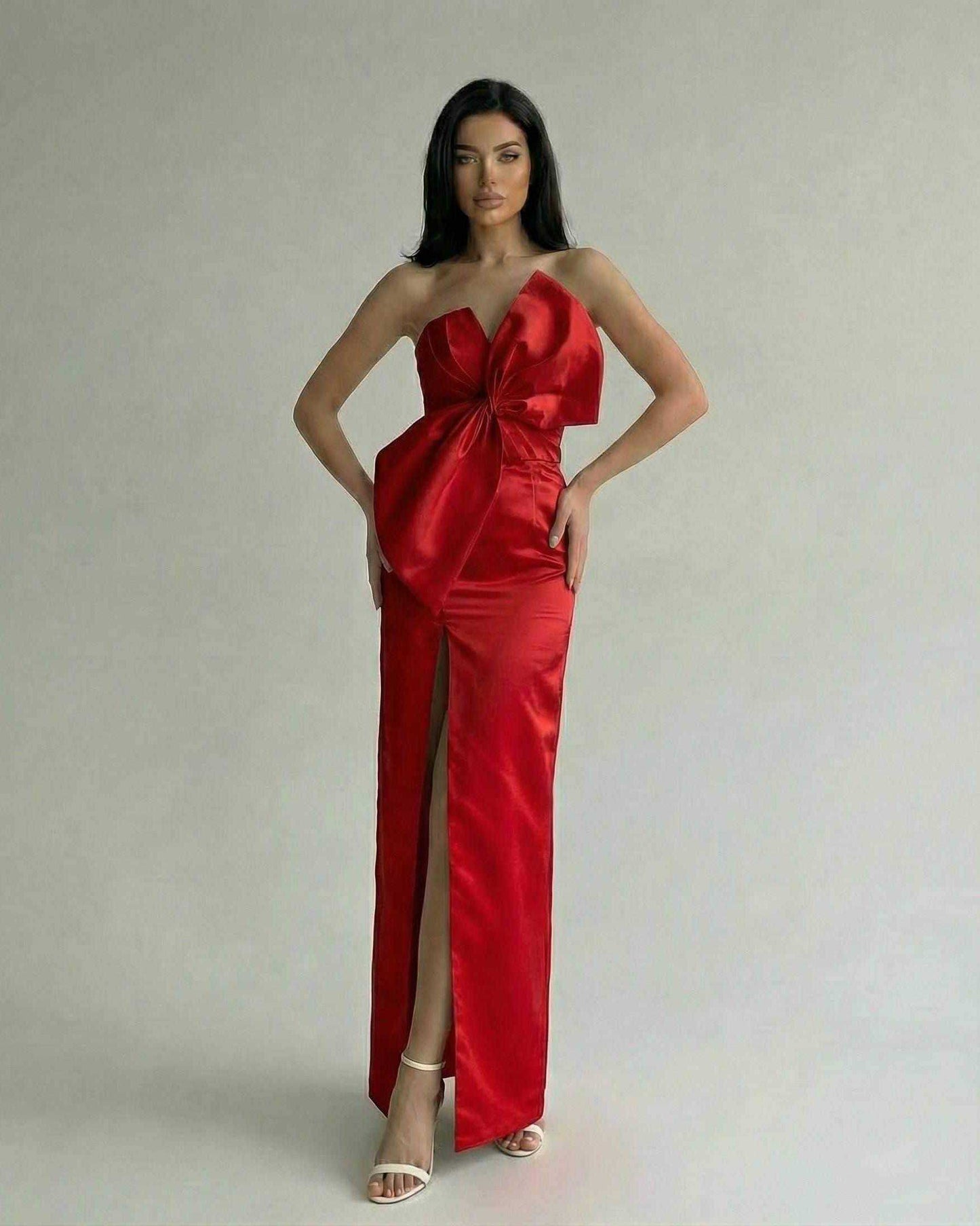 Valencia Maxi Dress by Lauven, red satin evening gown with front slit and strapless neckline, showcasing elegant silhouette.