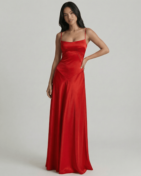 Valencia Maxi Dress by Lauven, featuring a sleek red satin design with a lace-up back for evening elegance.