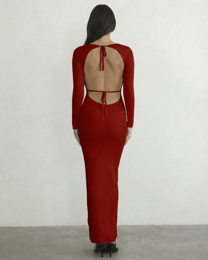 Valencia Maxi Dress by Lauven - back view of a red ribbed knit long sleeve maxi dress with open back tie detail.