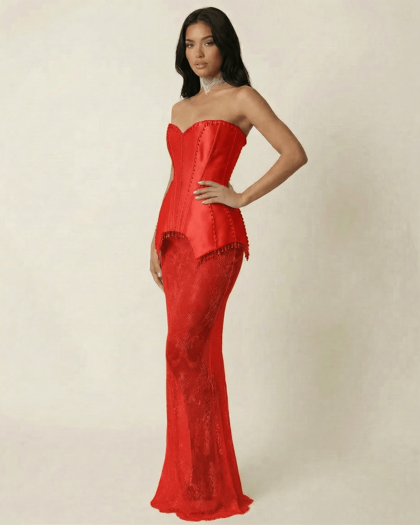 Valencia Maxi Dress by Lauven, featuring a strapless design and lace patchwork in vivid red.