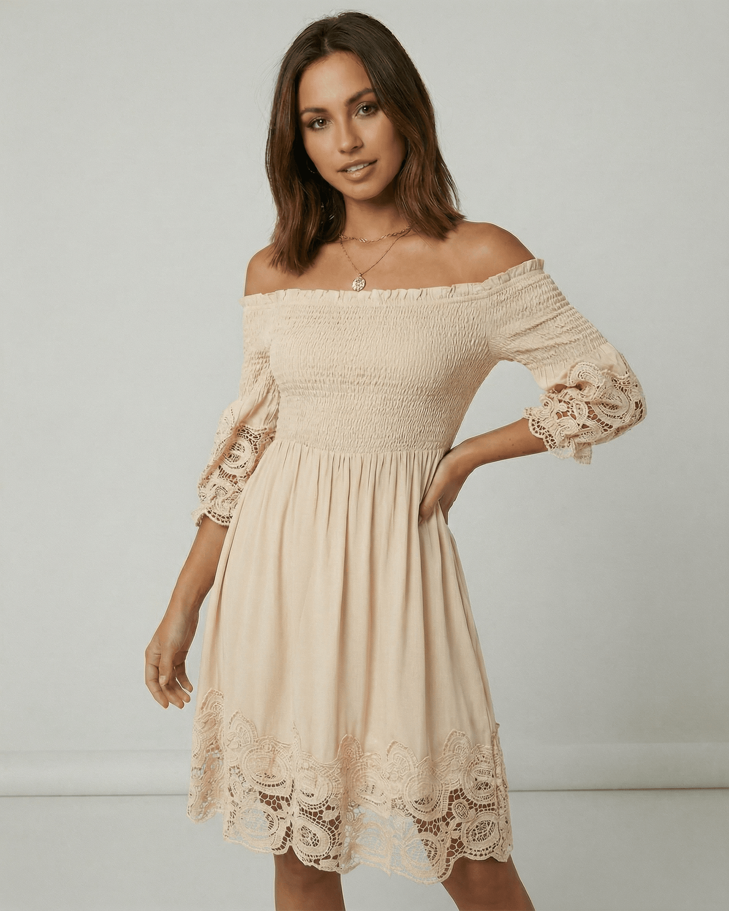 Valencia Midi Dress by Lauven – Women’s beige off shoulder A-Line dress with lace details and elegant silhouette.