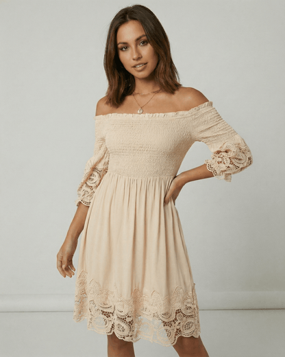Valencia Midi Dress by Lauven – Women’s beige off shoulder A-Line dress with lace details and elegant silhouette.