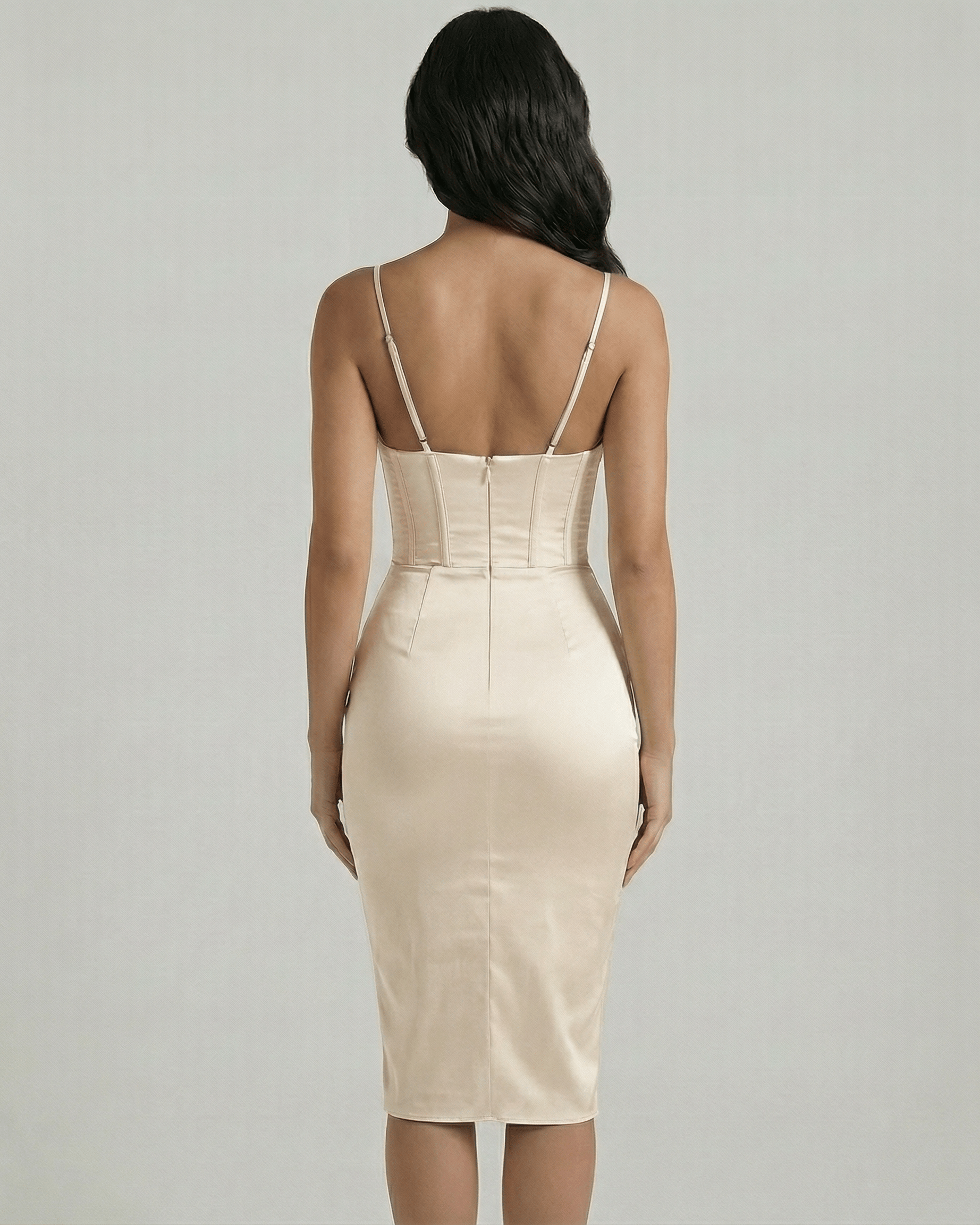 Valencia Midi Dress by Lauven – Back view of champagne satin corset midi dress showcasing elegant tailoring.