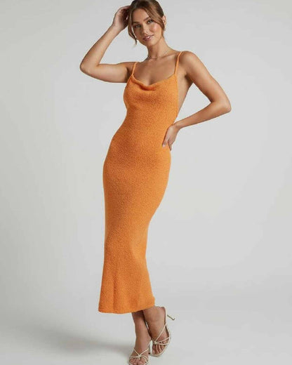 Valencia Midi Dress by Lauven, orange spaghetti strap midi dress with elegant slim silhouette.
