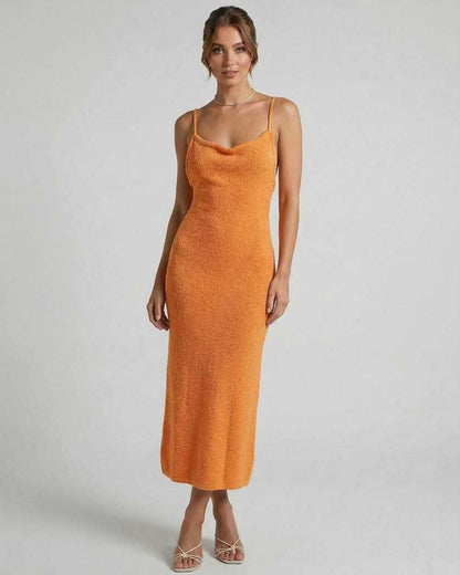 Valencia Midi Dress by Lauven – Orange Spaghetti Strap Midi Dress with Elegant Slim Silhouette