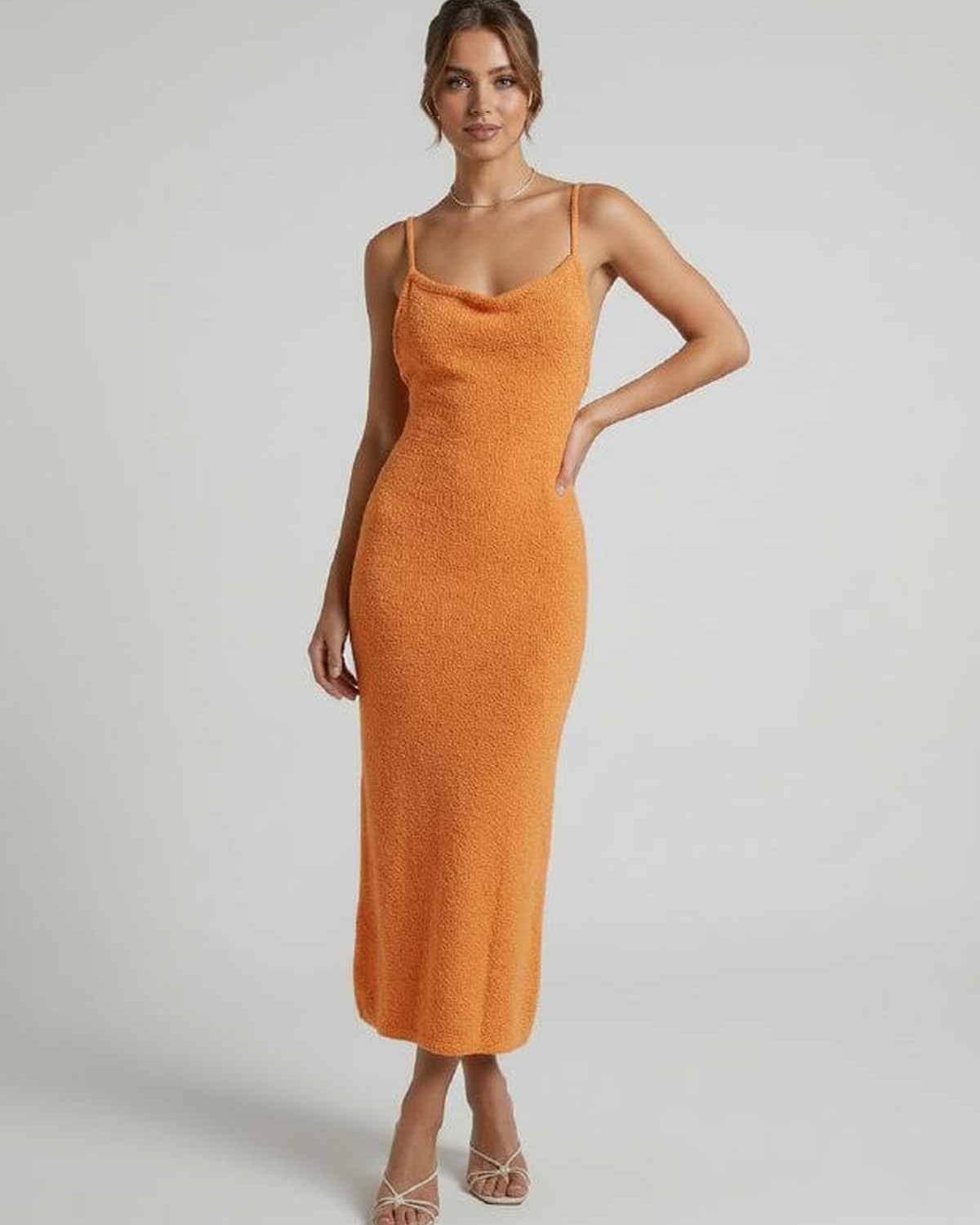 Valencia Midi Dress by Lauven – Orange Spaghetti Strap Dress with Elegant Slim Silhouette