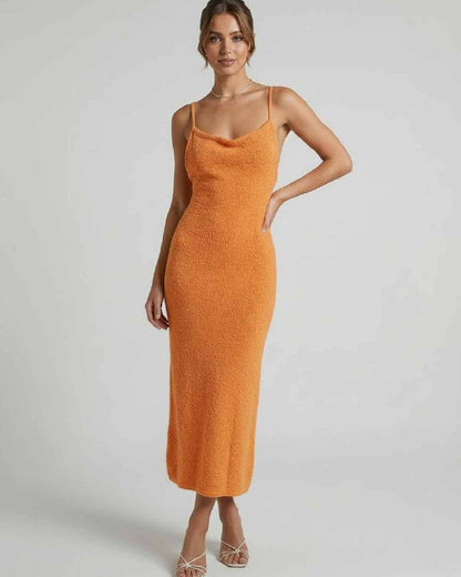 Valencia Midi Dress by Lauven – Orange Spaghetti Strap Dress with Elegant Slim Silhouette