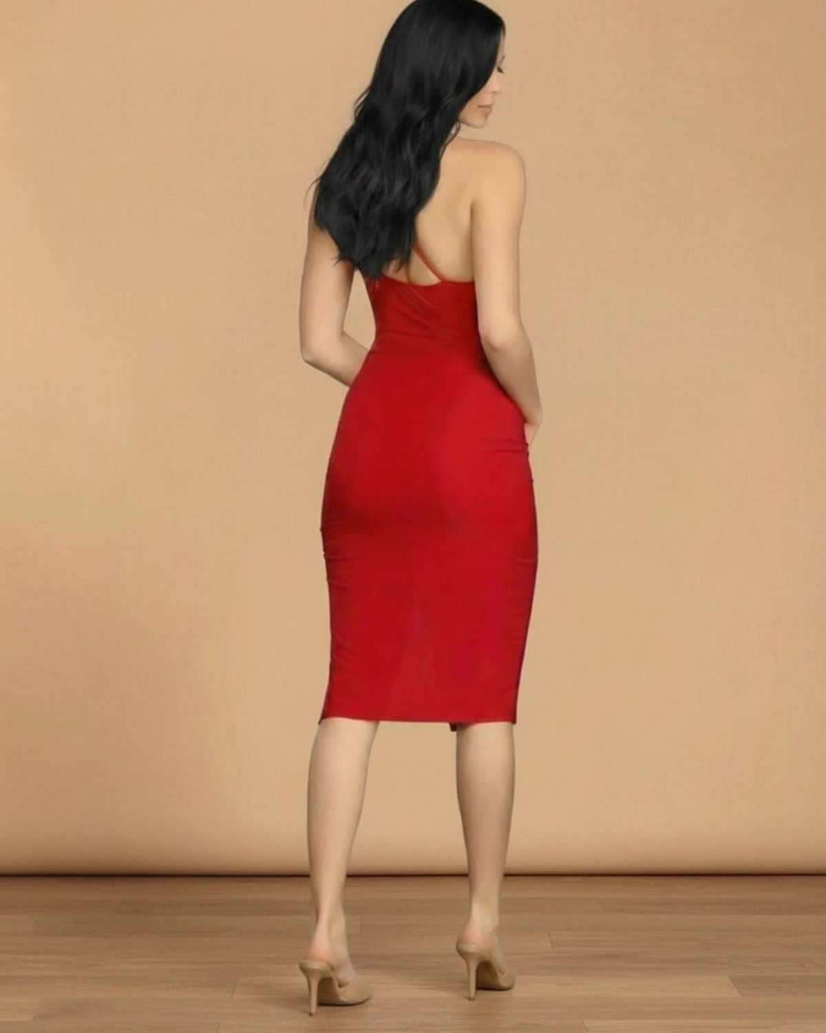 Valencia Midi Dress by Lauven featuring a bodycon silhouette and cowl neckline, perfect for evening elegance.