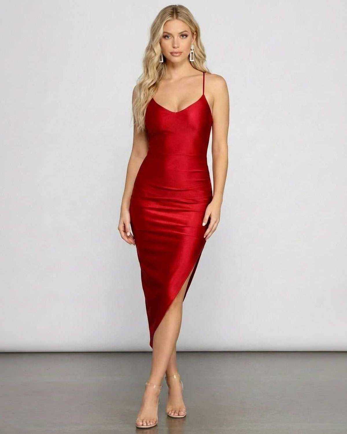 Valencia Midi Dress by Lauven, satin V-neck red bodycon dress with a sleek silhouette and stylish side slit.