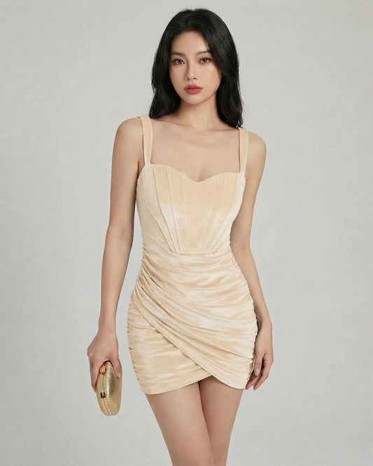 Valencia Mini Dress by Lauven – Champagne velvet mini dress with bodycon silhouette for cocktail and party.