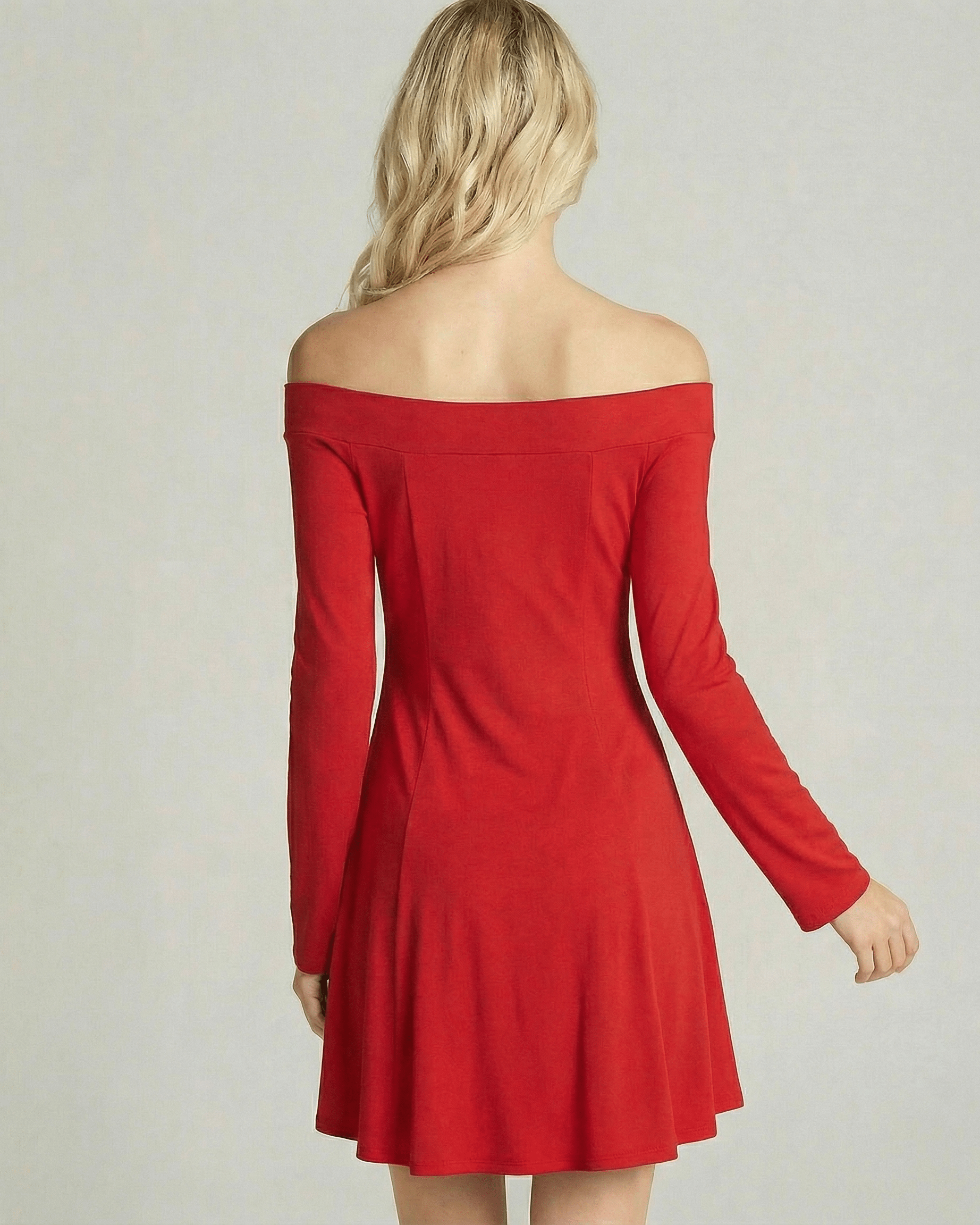 Valencia Mini Dress by Lauven - Off-Shoulder Long Sleeve A-Line Mini Dress in red, showcasing elegant back design.