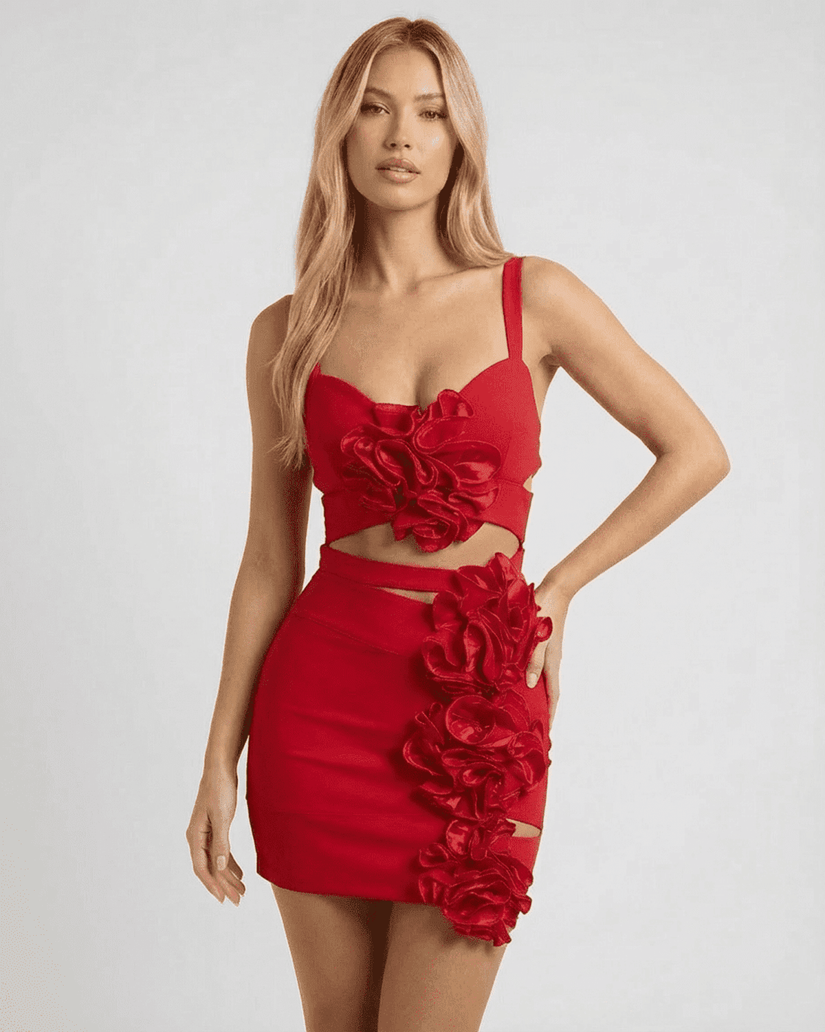 Valencia Mini Dress by Lauven - Red cutout floral bandage dress with 3D floral details and flattering fit.
