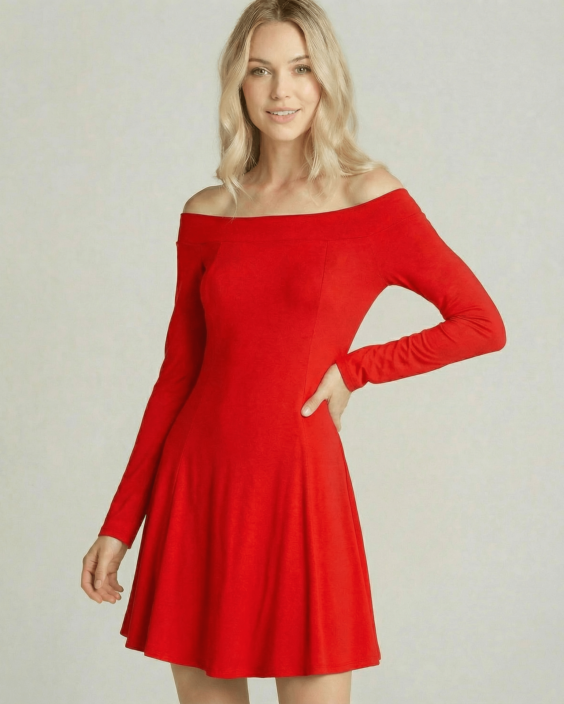 Lauven Valencia Mini Dress - Off-Shoulder Long Sleeve A-Line Mini Dress in Red, showcasing elegance and comfort.