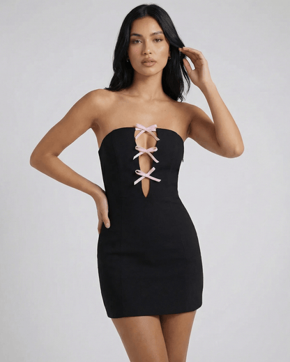 Valencia Mini Dress by Lauven - Strapless design with bow detail and slim sheath silhouette for a chic look.