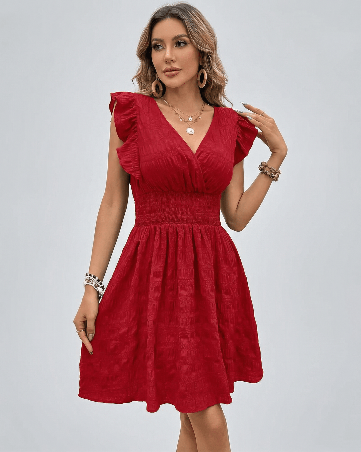 Valencia Mini Dress by Lauven - V-Neck Sleeveless Red Dress with Smocked Waist and Ruffle Sleeves