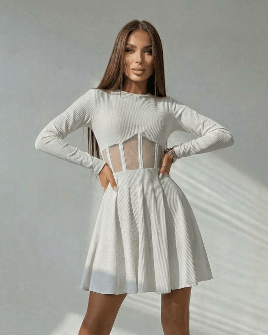 Valencia Mini Dress by Lauven – White long sleeve A-line dress with sheer corset panel and sculpted waist.