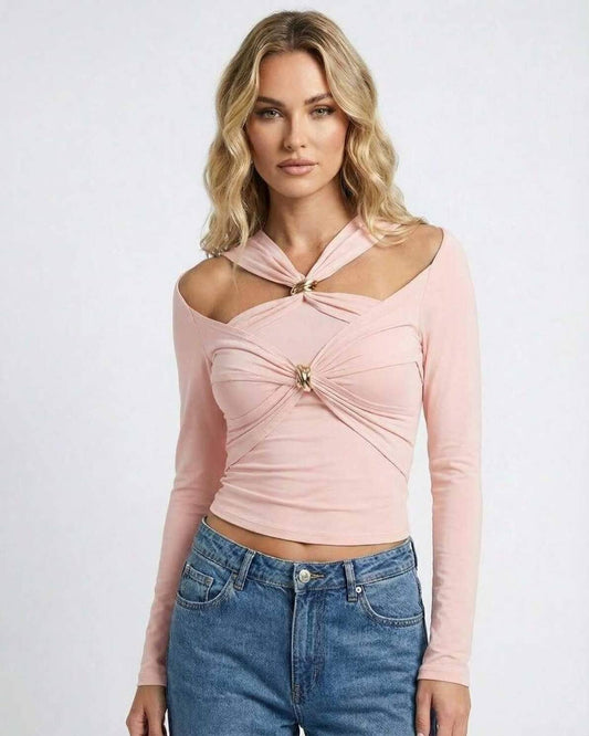 Valencia Pullover by Lauven – Women’s blush pink halter neck long sleeve shirt with cold shoulder detail.