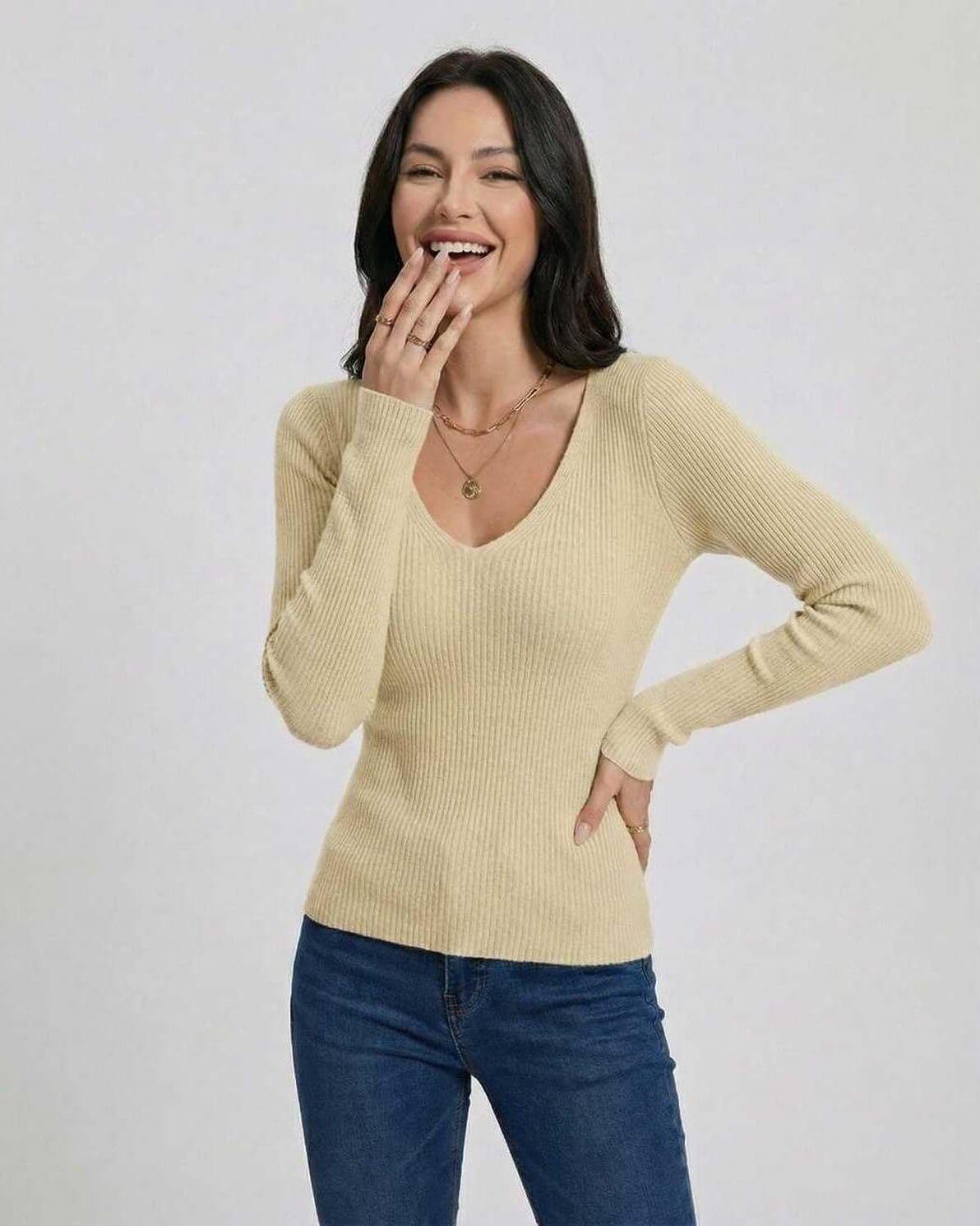Valencia Pullover by Lauven – Women's V-Neck Slim Fit Sweater in beige, featuring long sleeves and ribbed texture.