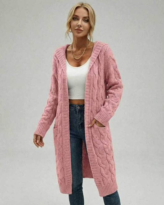 Valentina Cardigan by Lauven – Women's pink cable knit cardigan sweater for stylish fall and winter layering.
