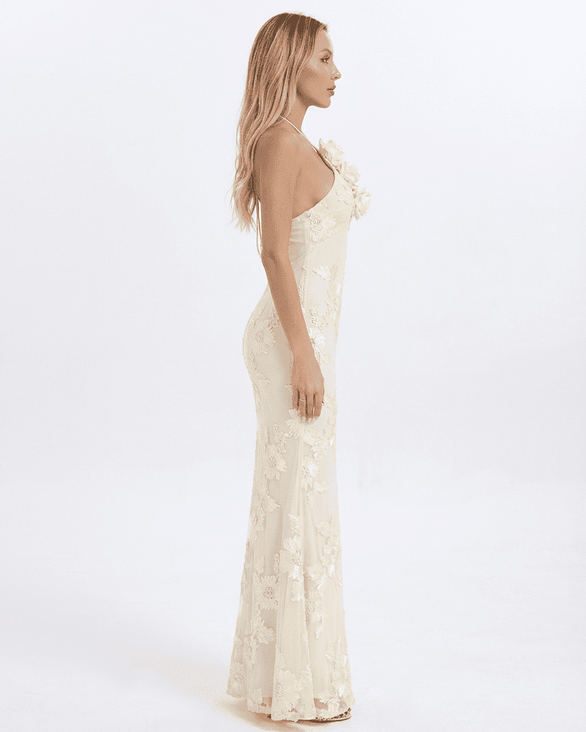 Valeria Maxi Dress by Lauven, elegant halter neck design with 3D floral foil print detail.