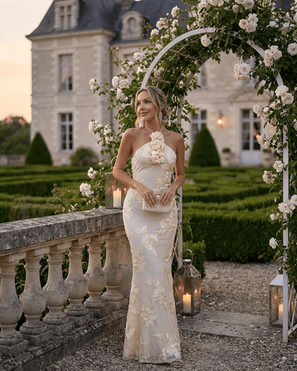 Elegant Valeria Maxi Dress by Lauven featuring 3D floral foil print in a picturesque garden setting.