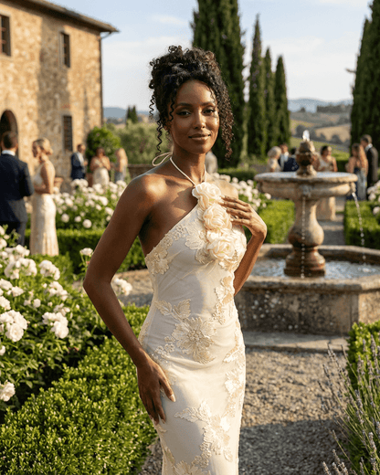 Valeria Maxi Dress by Lauven displayed in a garden setting, featuring elegant halter neck and 3D floral foil print detail.