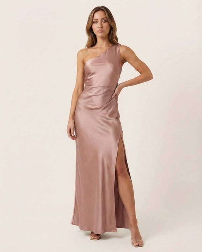 Valora Maxi Dress - Satin satin dress with one-shoulder design in soft rose pink by Lauven, perfect for formal styling.