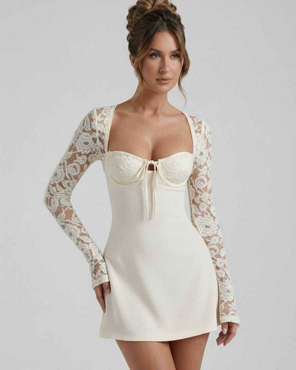 Vanilla Lace Dress by Lauven, featuring elegant lace sleeves and a fitted silhouette for a refined look.