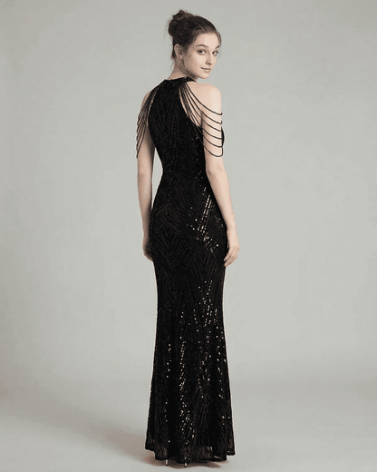 Vega Maxi Dress by Lauven, elegant sequin halter mermaid gown with intricate detailing.