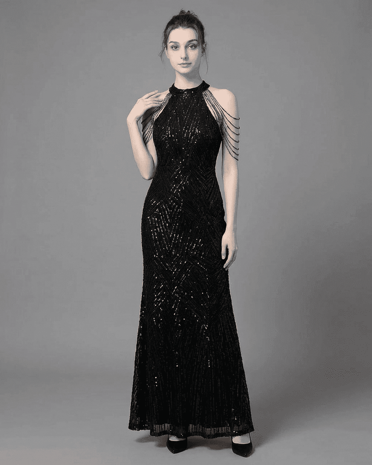 Vega Maxi Dress by Lauven, a stylish mermaid gown with sequin embellishments and halter neckline.